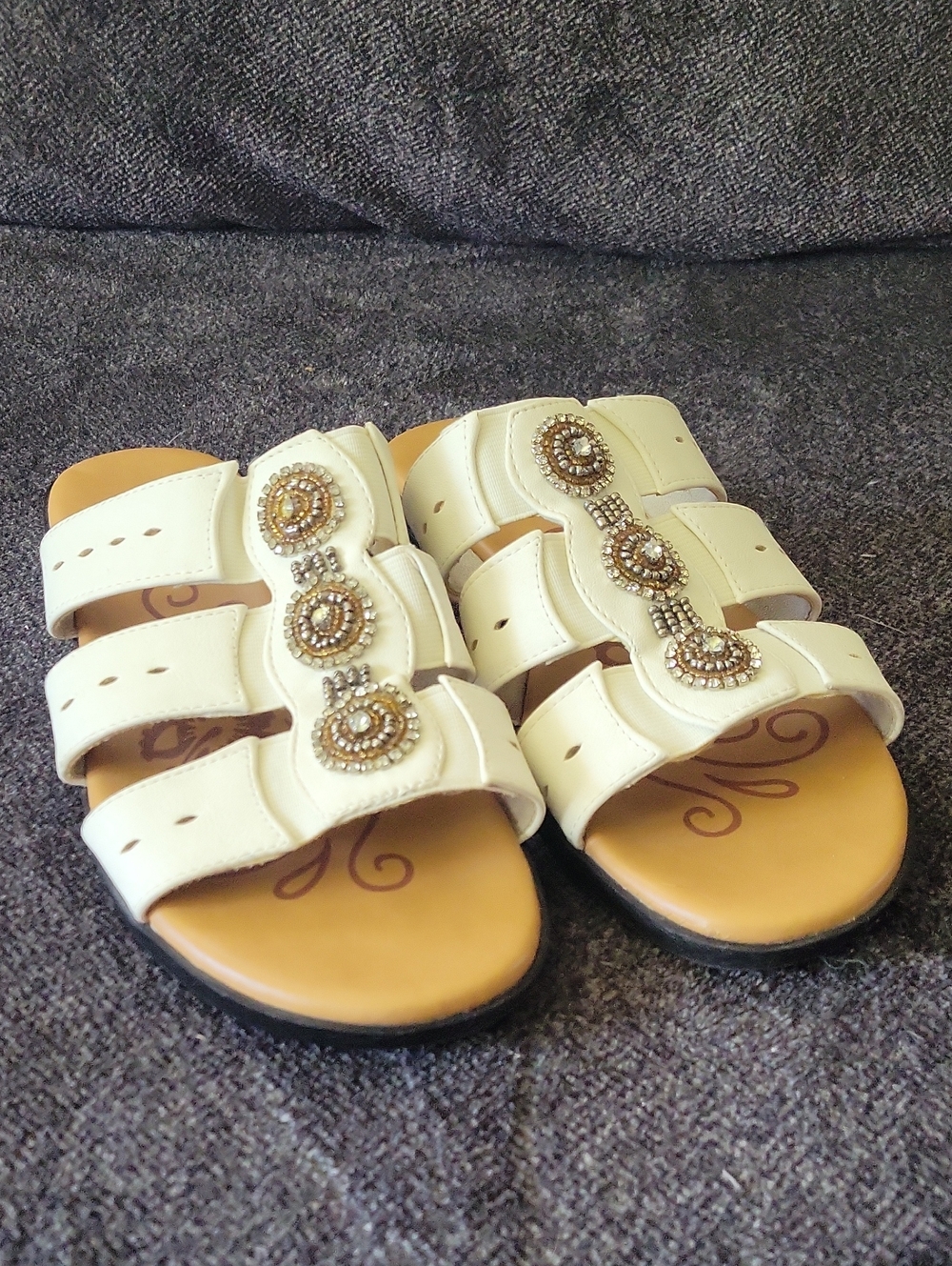 easy street White Triple-Strap Slide Sandals with Beaded Accents